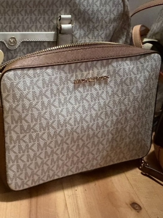 Michael Kors Handbags - Michael Kors Beige Monogram Crossbody with Brown Trim and Gold Hardware